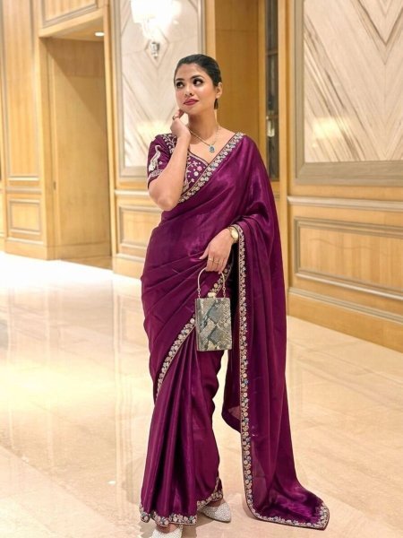 Groundbreaking Wine Satin Saree with Embroidered Blouse for Party and Reception Wear Designer Wedding Sarees Wholesale