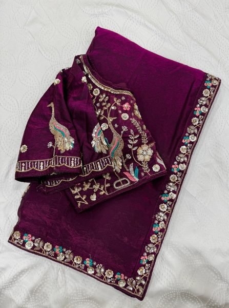 Groundbreaking Wine Satin Saree with Embroidered Blouse for Party and Reception Wear Designer Wedding Sarees Wholesale