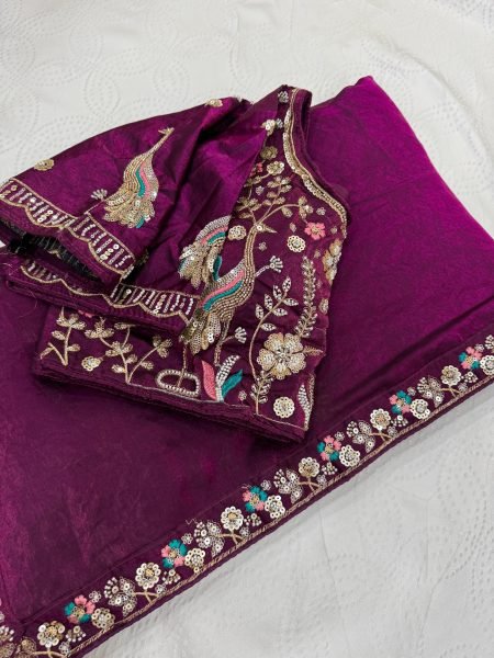 Groundbreaking Wine Satin Saree with Embroidered Blouse for Party and Reception Wear Designer Wedding Sarees Wholesale
