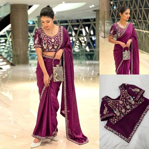 Groundbreaking Wine Satin Saree with Embroidered Blouse for Party and Reception Wear Designer Wedding Sarees Wholesale
