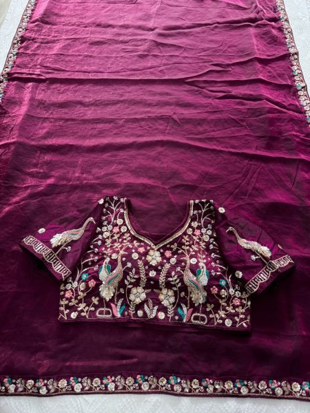 Groundbreaking Wine Satin Saree with Embroidered Blouse for Party and Reception Wear Designer Wedding Sarees Wholesale