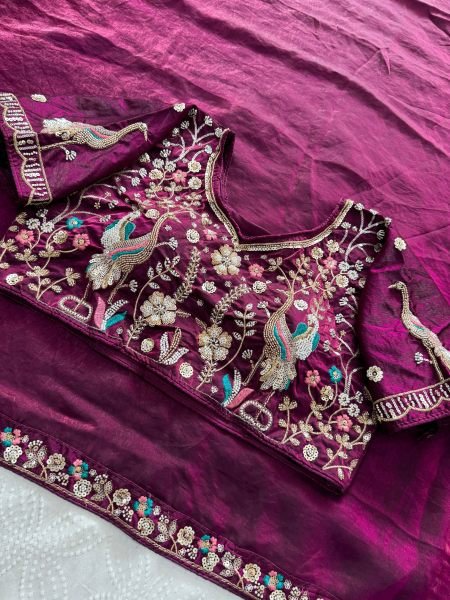 Groundbreaking Wine Satin Saree with Embroidered Blouse for Party and Reception Wear Designer Wedding Sarees Wholesale