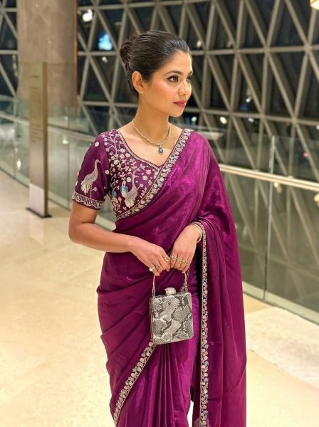 Groundbreaking Wine Satin Saree with Embroidered Blouse for Party and Reception Wear Designer Wedding Sarees Wholesale