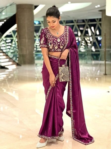 Groundbreaking Wine Satin Saree with Embroidered Blouse for Party and Reception Wear Designer Wedding Sarees Wholesale