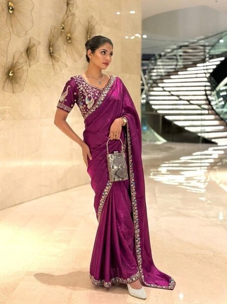 Groundbreaking Wine Satin Saree with Embroidered Blouse for Party and Reception Wear Designer Wedding Sarees Wholesale