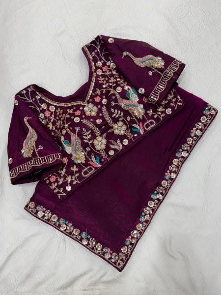 Groundbreaking Wine Satin Saree with Embroidered Blouse for Party and Reception Wear Designer Wedding Sarees Wholesale