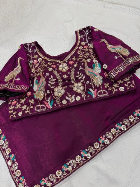 Groundbreaking Wine Satin Saree with Embroidered Blouse for Party and Reception Wear Designer Wedding Sarees Wholesale