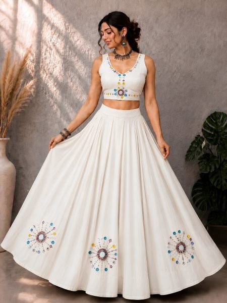 Gujarati Garba White Lehenga Choli with Heavy Hand Work and Real Mirrors at Manufacturer Rate Navratri Collection