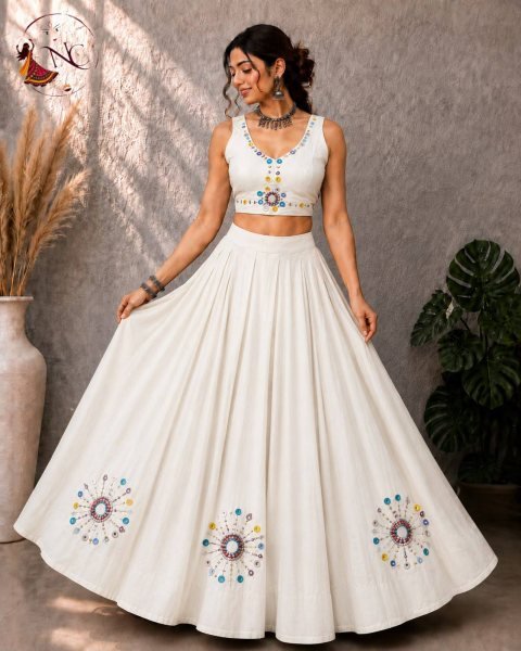 Gujarati Garba White Lehenga Choli with Heavy Hand Work and Real Mirrors at Manufacturer Rate Navratri Lehnega Choli