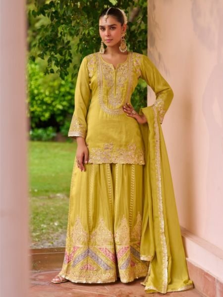 Gulkayra Amulya Lemon Yellow Designer Chinon 3 Piece Set with Embroidery at Manufacturer  Salwar Kameez