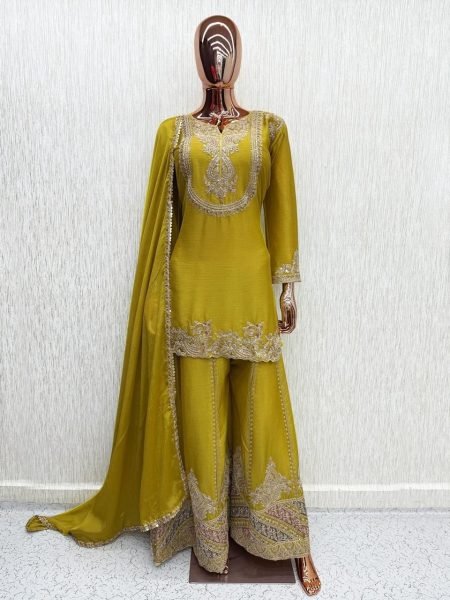 Gulkayra Amulya Lemon Yellow Designer Chinon 3 Piece Set with Embroidery at Manufacturer  Designer Plazzo Salwar Suits Wholesale