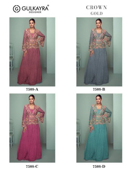 Gulkayra Crown Gold Chinon 4 Pcs Catalog Readymade Party Suits Supplier India Salwar Kameez