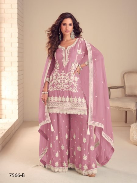 Gulkayra Designer Butterfly Pink Real Chinon Embroidered Palazzo Suit Designer Plazzo Salwar Suits Wholesale