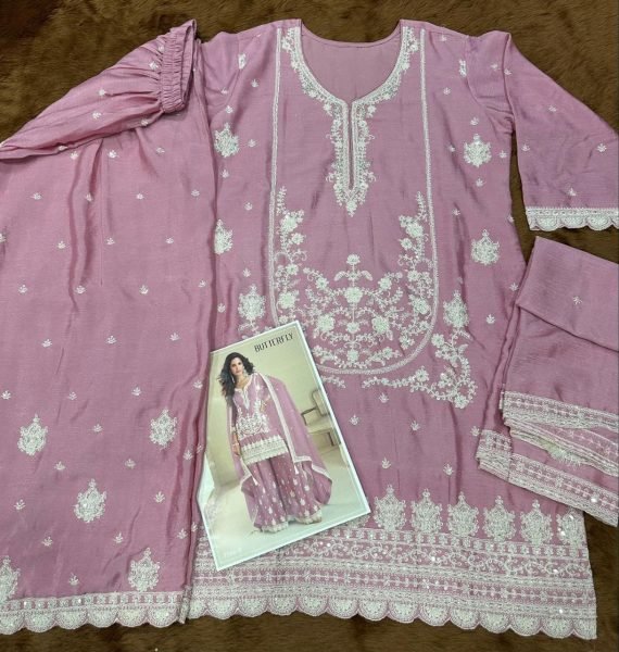 Gulkayra Designer Butterfly Pink Real Chinon Embroidered Palazzo Suit Designer Plazzo Salwar Suits Wholesale