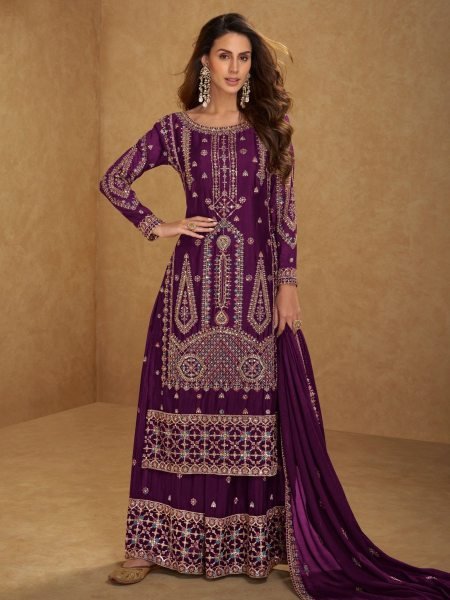 Gulkayra Designer Hirni Chinon Embroidered Salwar Kameez In a Royal Purple.  Designer Plazzo Salwar Suits Wholesale