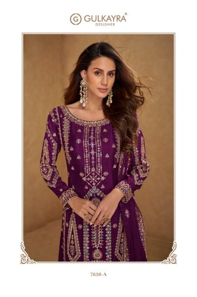 Gulkayra Designer Hirni Chinon Embroidered Salwar Kameez In a Royal Purple.  Designer Plazzo Salwar Suits Wholesale