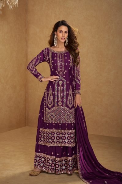 Gulkayra Designer Hirni Chinon Embroidered Salwar Kameez In a Royal Purple.  Designer Plazzo Salwar Suits Wholesale
