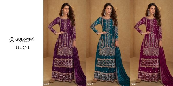 Gulkayra Designer Hirni Chinon Embroidered Salwar Kameez In a Royal Purple.  Designer Plazzo Salwar Suits Wholesale