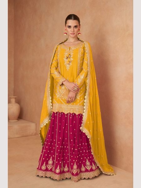 Gulkayra Designer Yellow Real Chinon Skirt Style Suits Designer Plazzo Salwar Suits Wholesale