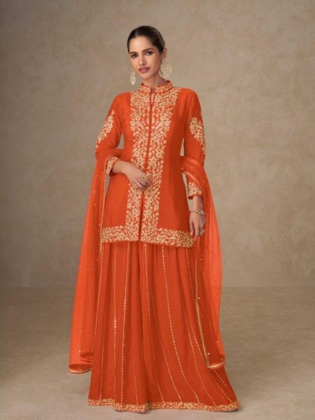 Gulkayra Designer Shahnaz Real Chinon embroidered Kurta Sharara Dupatta Set.  Salwar Kameez
