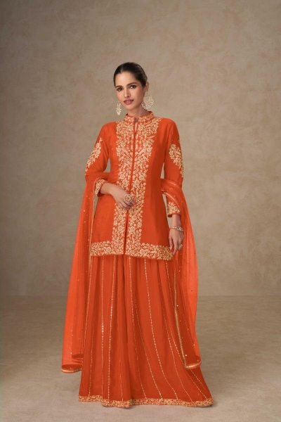 Gulkayra Designer Shahnaz Real Chinon embroidered Kurta Sharara Dupatta Set.  Designer Plazzo Salwar Suits Wholesale