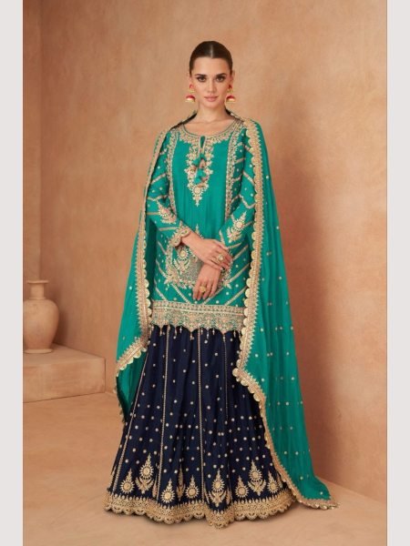 Gulkayra Designer Teal Blue Real Chinon Skirt Style Suits Designer Plazzo Salwar Suits Wholesale