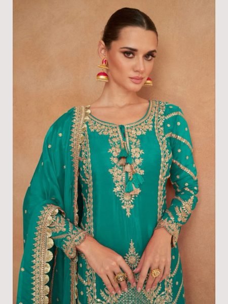 Gulkayra Designer Teal Blue Real Chinon Skirt Style Suits Designer Plazzo Salwar Suits Wholesale