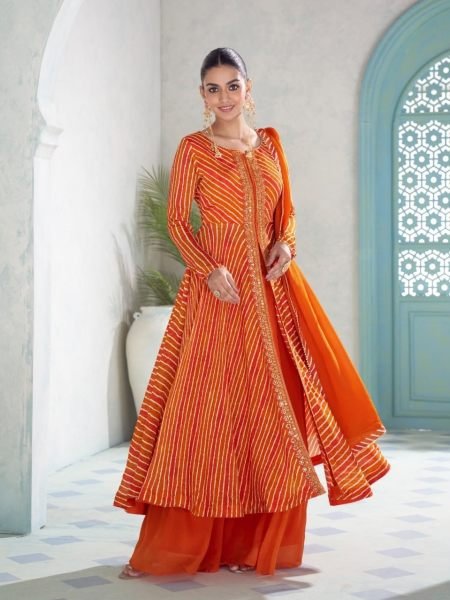 Gulkayra Orange Designer Real Chinon 3 Piece Suit with Digital and Embroidery Work at Wholesale Rate Salwar Kameez