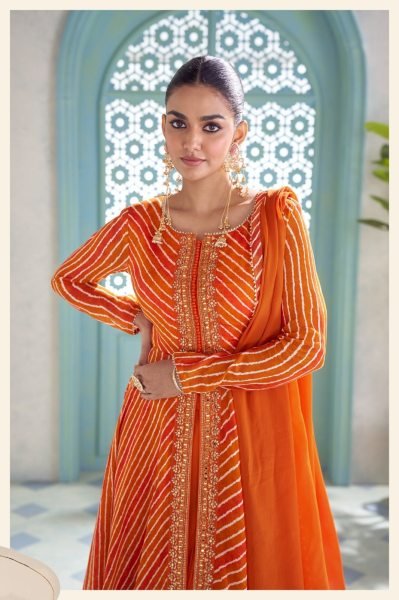 Gulkayra Orange Designer Real Chinon 3 Piece Suit with Digital and Embroidery Work at Wholesale Rate Designer Plazzo Salwar Suits Wholesale