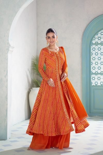 Gulkayra Orange Designer Real Chinon 3 Piece Suit with Digital and Embroidery Work at Wholesale Rate Designer Plazzo Salwar Suits Wholesale