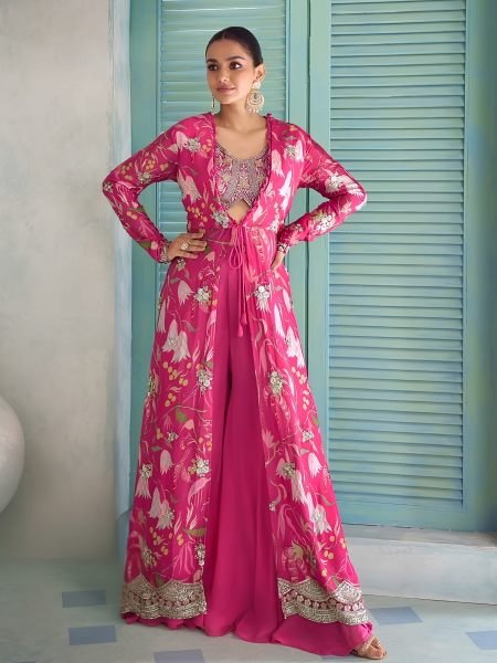 Gulkayra Pink Designer Saheen Real Chinon Jacket Top Palazzo Set at Wholesale Rate Salwar Kameez
