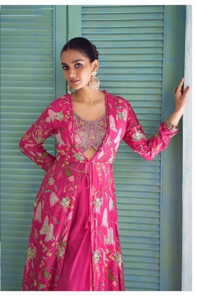 Gulkayra Pink Designer Saheen Real Chinon Jacket Top Palazzo Set at Wholesale Rate Designer Plazzo Salwar Suits Wholesale