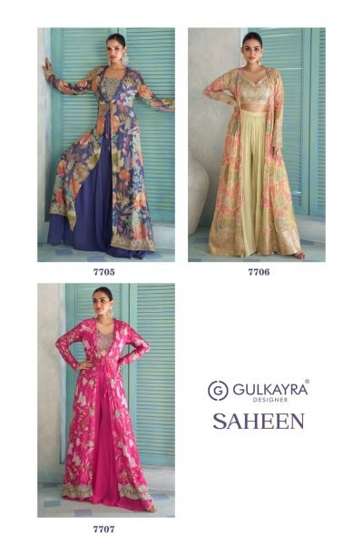 Gulkayra Pink Designer Saheen Real Chinon Jacket Top Palazzo Set at Wholesale Rate Designer Plazzo Salwar Suits Wholesale