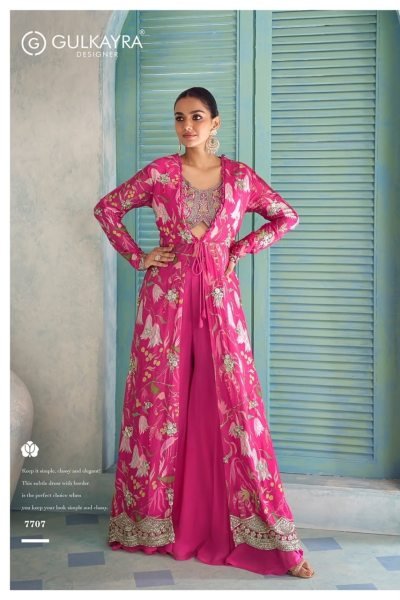 Gulkayra Pink Designer Saheen Real Chinon Jacket Top Palazzo Set at Wholesale Rate Designer Plazzo Salwar Suits Wholesale