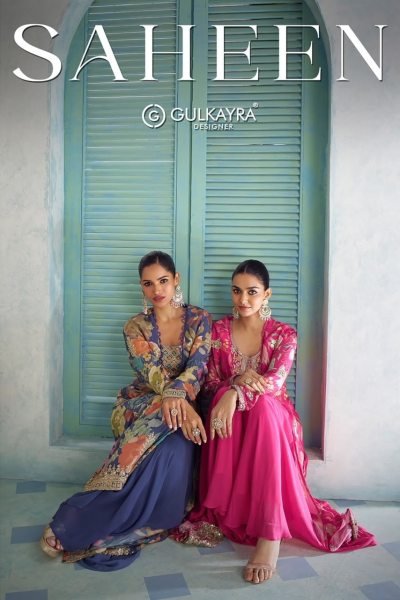 Gulkayra Pink Designer Saheen Real Chinon Jacket Top Palazzo Set at Wholesale Rate Designer Plazzo Salwar Suits Wholesale