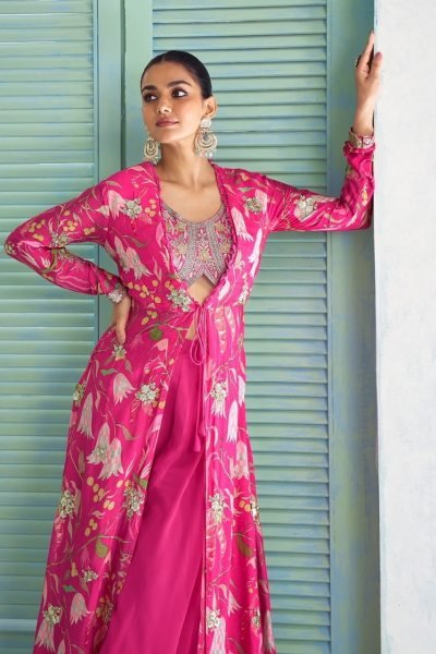 Gulkayra Pink Designer Saheen Real Chinon Jacket Top Palazzo Set at Wholesale Rate Designer Plazzo Salwar Suits Wholesale
