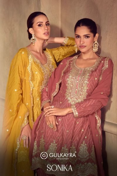 Gulkayra Sonika Chinon Suit Wedding Wear Sharara Catalog 3Pc Designer Plazzo Salwar Suits Wholesale