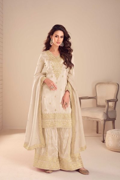 Gulkayra White Designer Beige Simmer Silk Palazzo Suit Set For Special Occasions  Embroidery Suits Wholesale