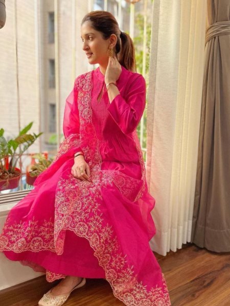 Gulnaar Pink Cotton Silk Kurta Pant Set with Organza Dupatta Ready To Wear Suit