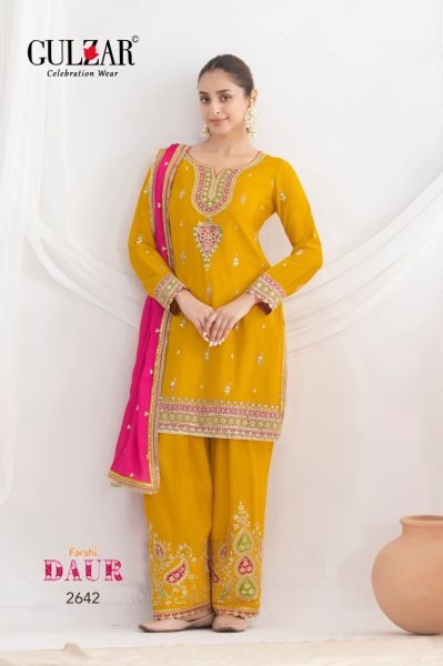 Gulzar Daur Yellow Fully Stitch Embroidered Salwar Suit for Celebration Wear Designer Plazzo Salwar Suits Wholesale