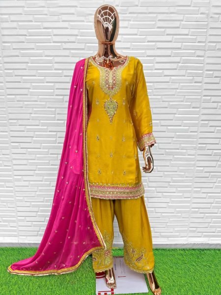 Gulzar Daur Yellow Fully Stitch Embroidered Salwar Suit for Celebration Wear Designer Plazzo Salwar Suits Wholesale