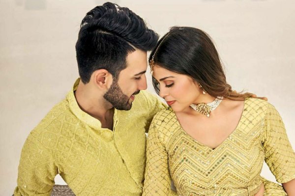 Haldi Ceremony Couple Dress Georgette Lehenga with Kurta Pajama Couple Combo collection 