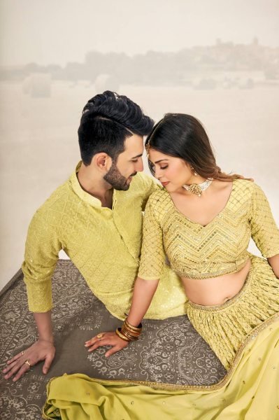 Haldi Ceremony Couple Dress Georgette Lehenga with Kurta Pajama Couple Combo collection 