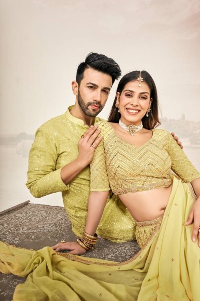 Haldi Ceremony Couple Dress Georgette Lehenga with Kurta Pajama Couple Combo collection 