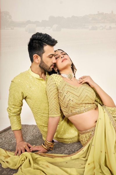 Haldi Ceremony Couple Dress Georgette Lehenga with Kurta Pajama Couple Combo collection 