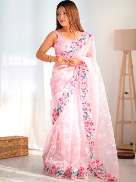 Graceful Pink Embroidered Organza Saree with Scalloped Edges Perfect for Festive Moments Organza Sarees Wholesale