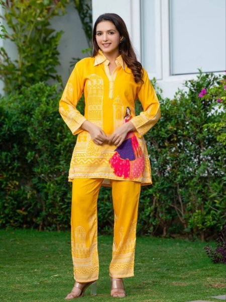 Haldi Hues Bright Yellow Muslin Co-ord Set with Traditional Print Charm CO ORD Sets