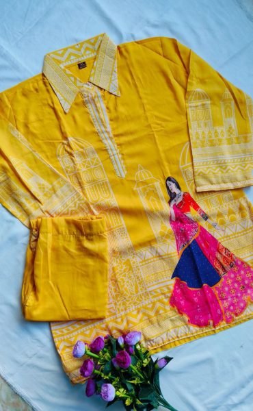 Haldi Hues Bright Yellow Muslin Co-ord Set with Traditional Print Charm CO ORD Sets
