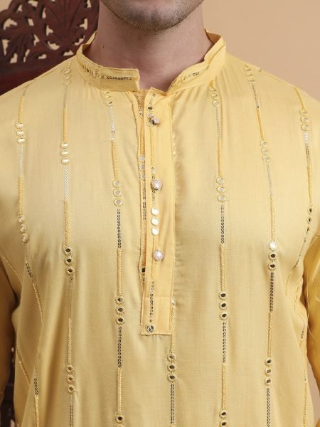 Haldi Radiance Rayon Kurta Yellow Embroidered Outfit for Mehndi & Ceremony Wear Kurta Pajama Wholesale
