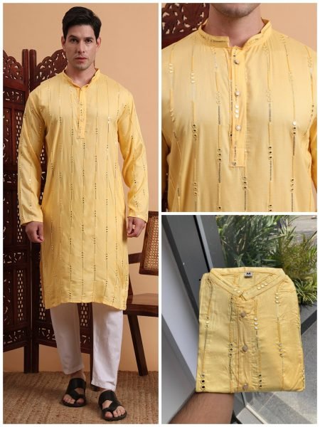 Haldi Radiance Rayon Kurta Yellow Embroidered Outfit for Mehndi & Ceremony Wear Kurta Pajama Wholesale
